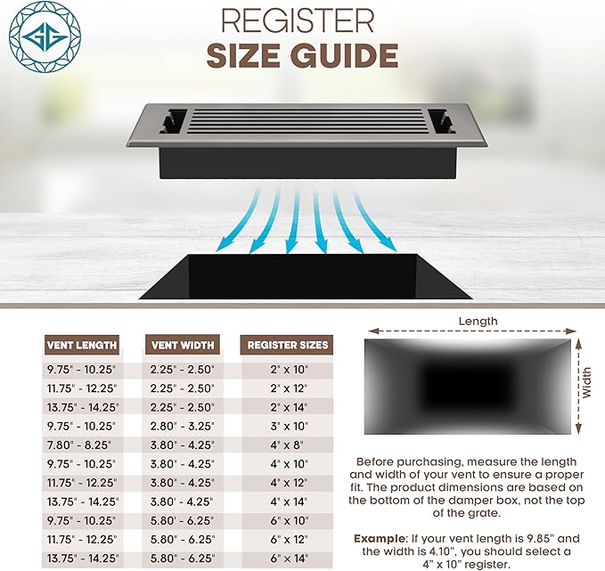 Floor Register 4x10 Vent Cover – 2 Pack – Heavy-Duty Steel, Rustproof & Walkable Grates, Drop-in Install, Adjustable Air Supply Switch - Decorative Straight Line Design, Brushed Nickel