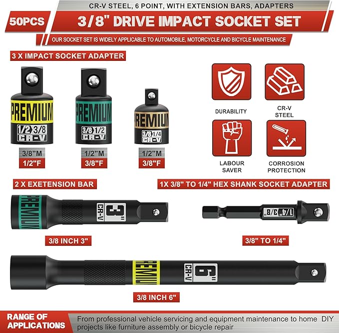 3/8" Drive Impact Socket Set, 50-Piece Standard SAE 5/16 to 3/4 inch and Metric 8-22mm, Cr-V Steel, 6 Point, with Extension Bars and Adapters, for Impact Wrenches, Automotive and Home