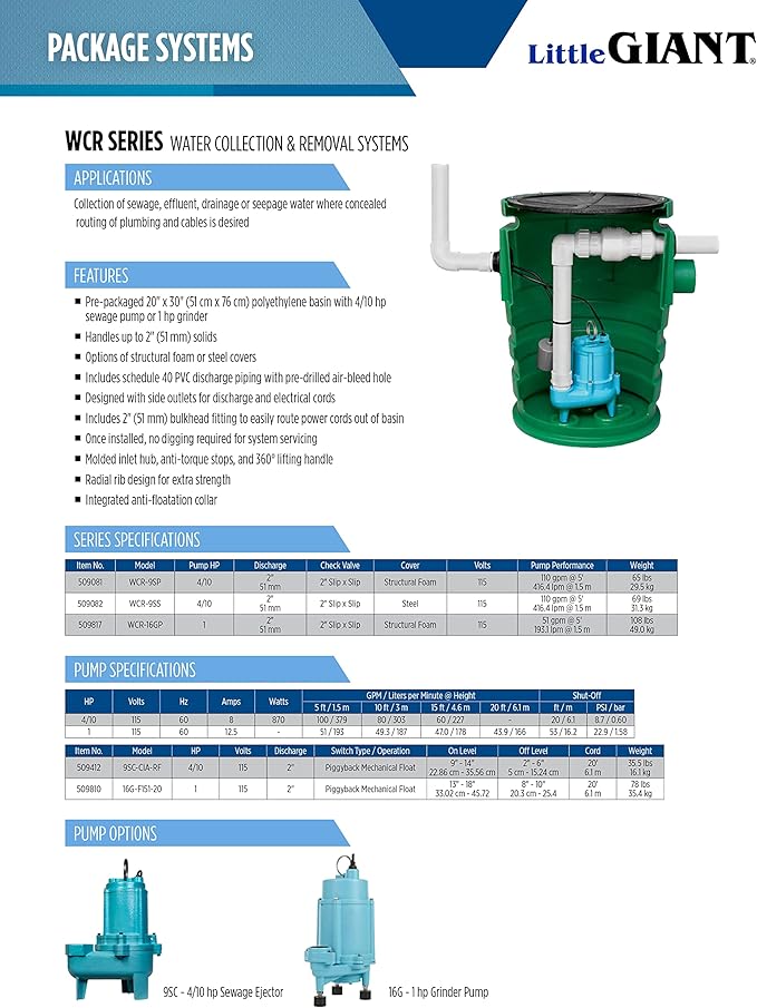 Little Giant WCR-9SS 115 Volt, 4/10 HP, 4800 GPH Automatic Outdoor Water/Seepage Collection and Removal System with Sewage Pump, 20' Piggyback Float Switch, Steel Cover, Green/Blue, 509082