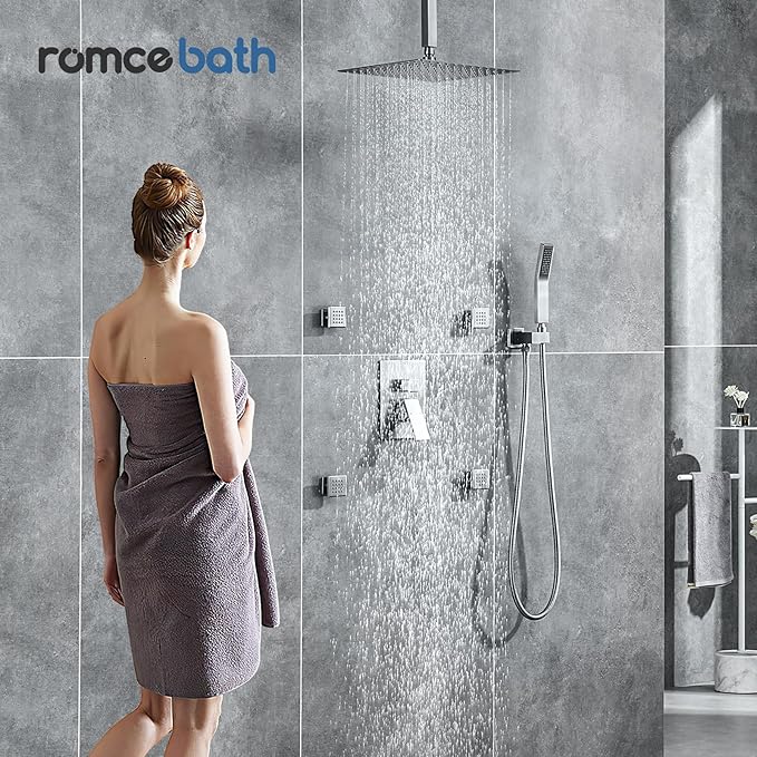 Rain Shower System With Complete 4 Pcs Body Sprays Jets And Pressured Balance Rough-in Valve,12Inch Rainfall Shower Head And Handheld Modern Brushed Nickel Ceiling Mount Shower Faucet Sets