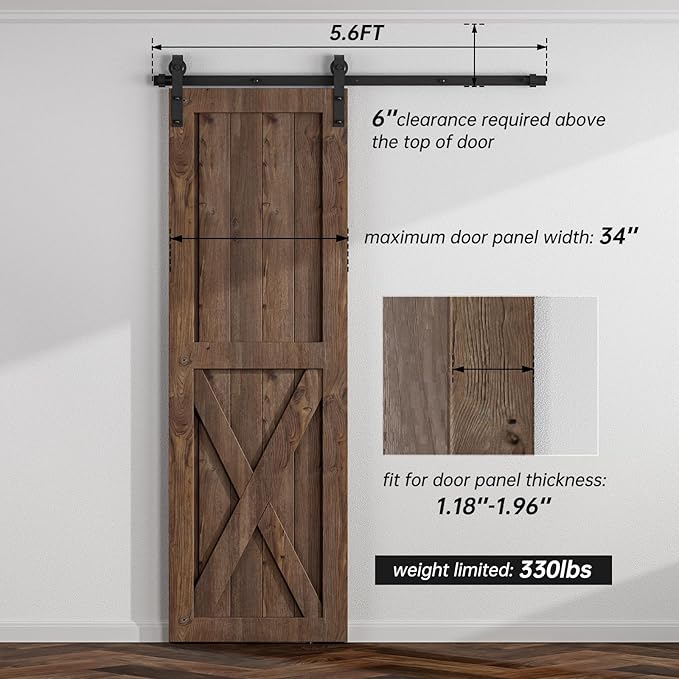 5.6FT Sliding Barn Door Hardware Kit for Single Door, Sliding Door Track, Easy to Install, Smoothly and Quietly, Fit 1.18-1.96" Thicknesses Fit 34" Wide Door (J Shape Hanger)