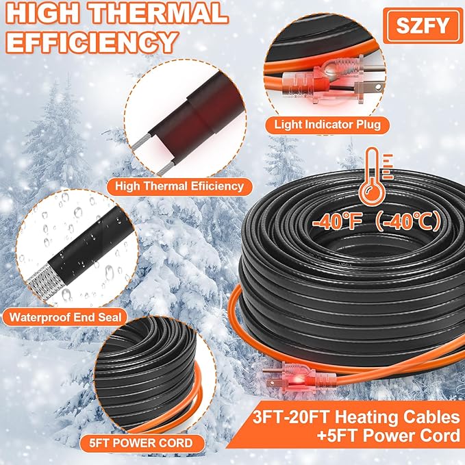160FT Heat Tape for Water Pipes, -40°F Deicing Cable,Pipe Heating Cables for Roof,Gutter，Farm，Freeze Protetion Heat Trace Cable, Heated Water Hose,Plumbing Fixtures,120V 5W/FT
