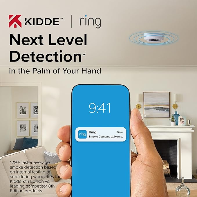 Kidde Smart Smoke and Carbon Monoxide Detector, Ring App Enabled for Real-Time Notifications, Hardwired Alarm, AA Backup Battery