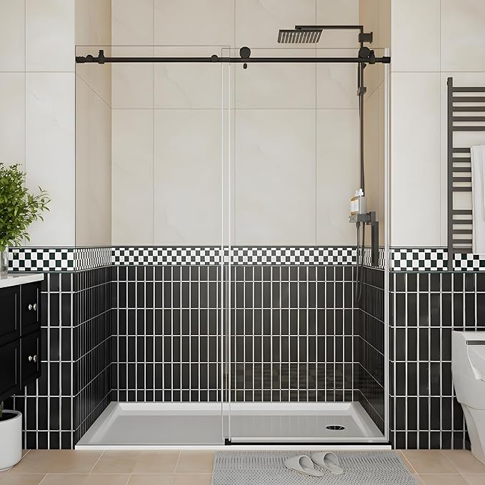 Semi-Frameless Sliding Shower Door - 56 to 60 Inch Adjustable Width x 76 Inch High, 6mm Coated Tempered Glass with Easy Clean, One Fixed & One Sliding Panel, Stainless Steel Round Rail, Matte Black