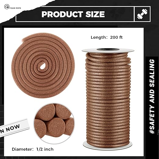 1/2 Inch x 200 ft Foam Backer Rod for Gaps Joints Concrete Crack Filler Caulk Saver Bulk Foam Backing Rod Concrete Filler Rope for Weather Stripping Door Seal (Brown)