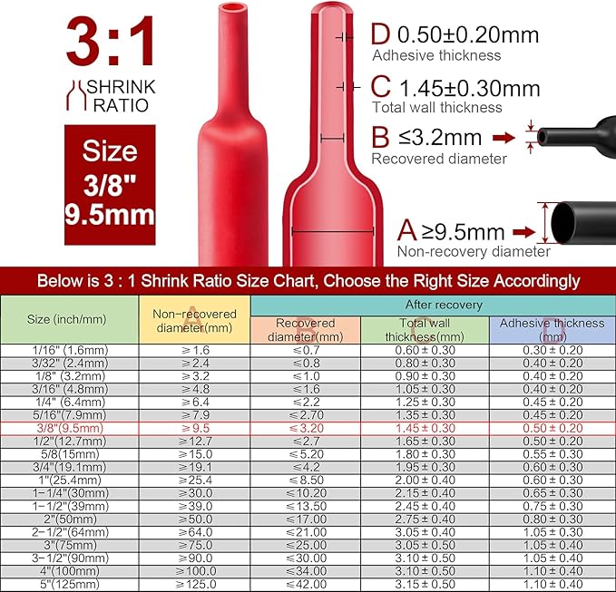 Chanzon 3:1 Ratio 3/8" (9.5mm) Heat Shrink Tubing - Marine Grade Waterproof Adhesive Lined - 8Ft Roll (2.5M Total Length) Red Polyolefin Sleeving Wrap Shrinking 3 to 1 Ratio 1pcs