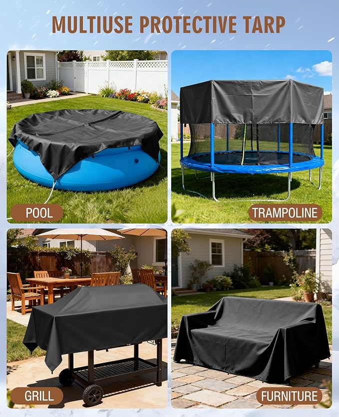 HIRALIY 20 Mil Heavy Duty Waterproof Tarp, 7x9.5ft Black Tarpaulin with Reinforced Webbing Loops, Multipurpose Oxford Fabric Tarp for Firewood, Roof, Camping, Pool