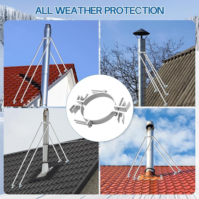 Newly Upgraded Chimney Pipe Support Bracket Kit, Four-Legged Support, Fits 6~8.5 Inch Adjustable Design— Rugged Aluminum and Stainless Steel Materials, Stable Against Wind & Snow
