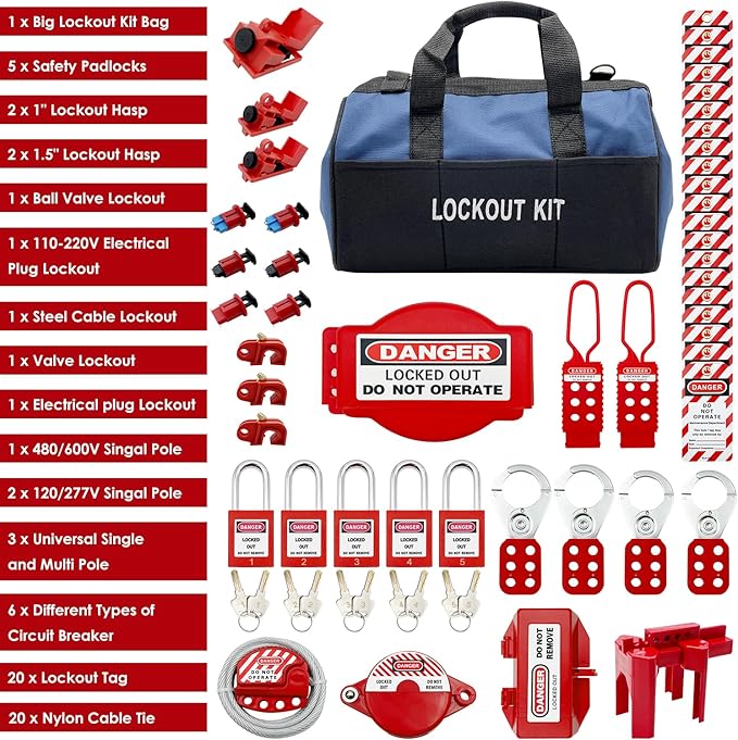 JOJOMARK Lockout Tagout Kit - Clamp-On Circuit Breaker Lockout, Group Lockout Hasps, Lockout Tag, Universal Multi- Pole Breaker with Pocket Bag (Blue Bag kit)