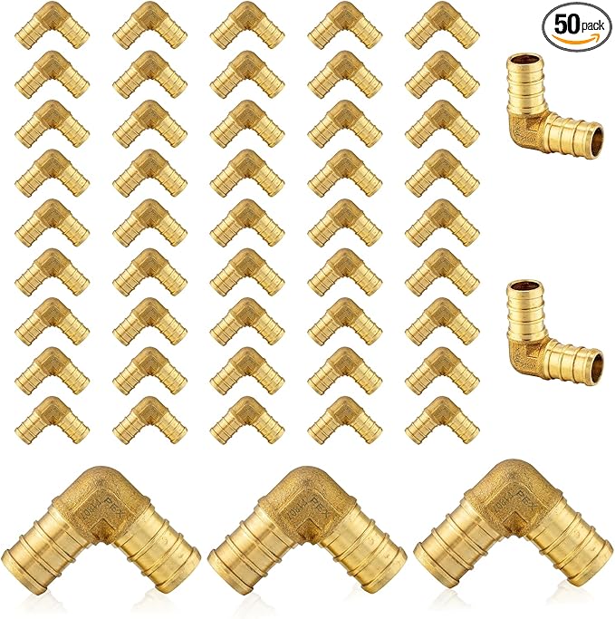 (Pack of 50) EFIELD Pex Barb Crimp 1/2 Inch Elbow Brass Plumbing Fittings for Pex Tubing Connection, ASTM F1807,(PEX1807282)