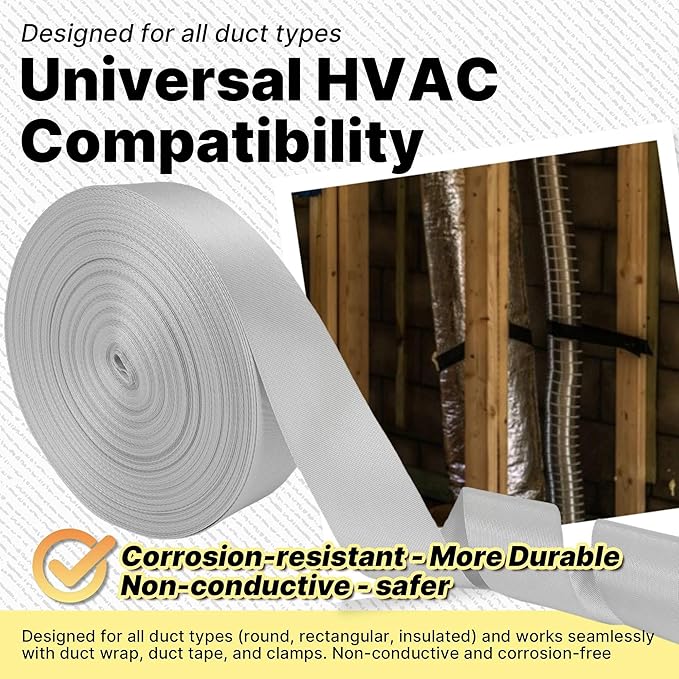 Heavy Duty Duct Strap – 1.95 in x 49 ft Grey Nylon Strapping for HVAC Duct, Durable Wrap Support Band for Building & Home Improvement