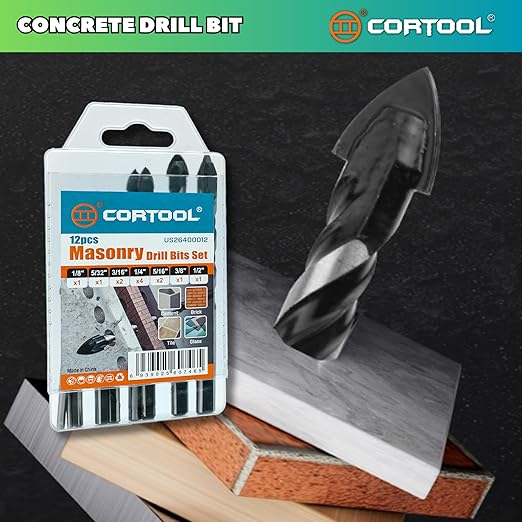 Masonry Drill Bits Set, Drill bits for Tile, Brick, Cement, Glass, 12Pcs Concrete Drill Bit Set, Size 1/8",5/32",3/16" x2,1/4" x4,5/16" x2,3/8",1/2", Carbide Drill Bits Tip