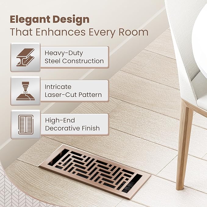 Floor Register 4x10 Vent Cover – Heavy-Duty Steel, Rustproof & Walkable Grates, Easy Drop-in Install, Adjustable Air Supply Switch - Decorative Herringbone Design, Satin Bronze