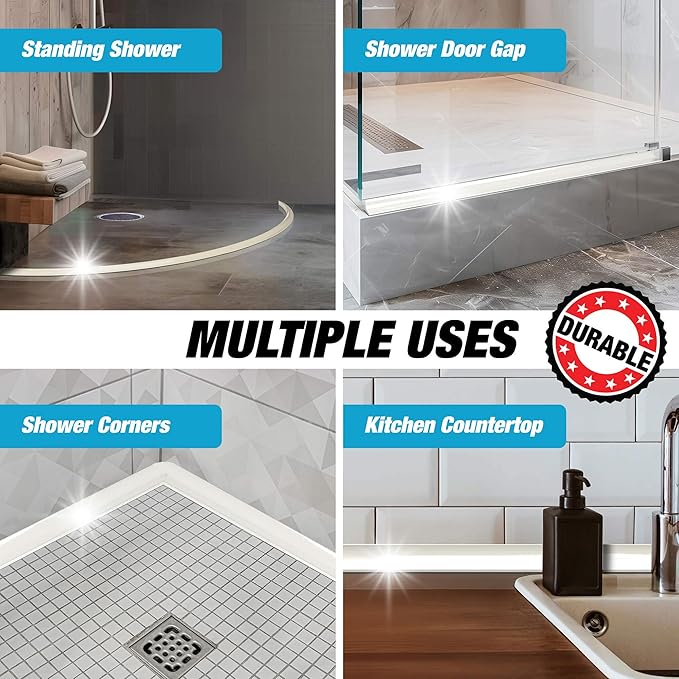 Shower Threshold Water Dam Barrier 105" - White Collapsible Shower Water Blocker - Guard for Walk in Shower - Water Guard Stopper for Floor - Shower Door Water Blocker by Hippo Dam