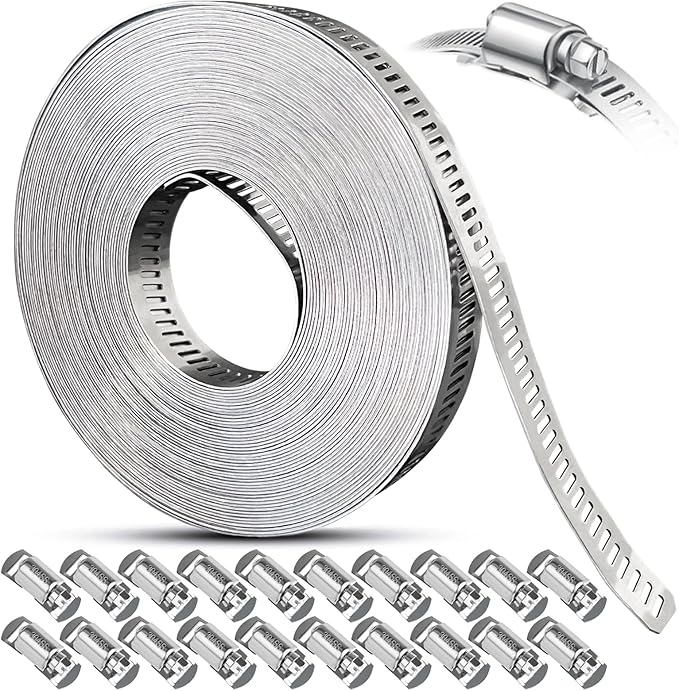 Hose Clamps Assortment Kit, Worm Gear Duct Pipe Hose, 304 Stainless Steel Band Fittings Strap, 32.81FT DIY Large Adjustable Metal Bolt with 20 Stronger Fasteners Screw for Plumbing Auto Tube Fuel Line