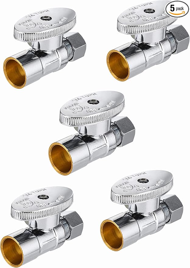 5-Pack EFIELD 1/4 Turn Straight Stop Valve Sweat 1/2" X 3/8" OD Compression Connection, Chrome Plated,(VALVE146-5PCS)