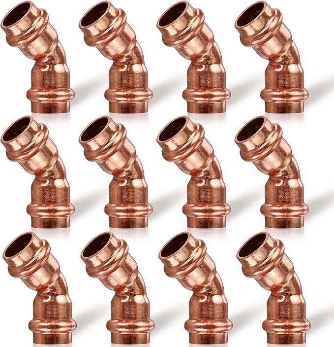 Copper Press Fittings,1/2 inch Copper Coupling 45 Degree Elbow Coupling Zero Lead PxP 1/2 inch x 1/2 inch,12PCS 45-Degree Elbow with 1/2-Inch for Plumbing,OD 5/8”,Use with Hydraulic Press Fitting Tool