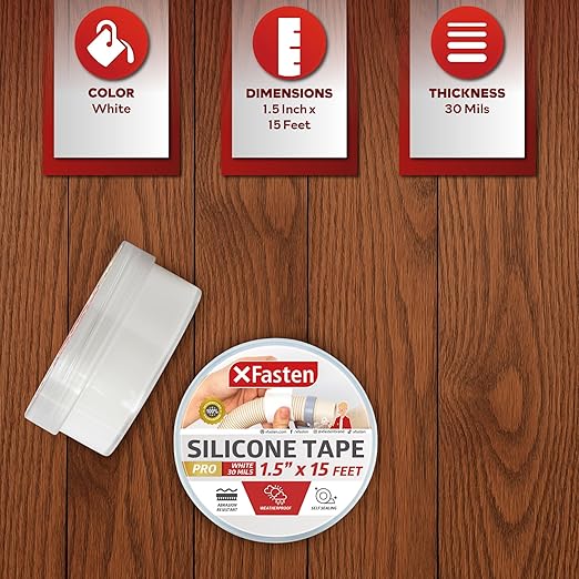XFasten Self-fusing Silicone Tape Pro, White, 1.5-Inch x 15-Feet, 30mils Heavy-Duty Plumbing Tape for Leaks, Radiator Hose, Drain Pipes, Electrical Cords, and Garden Hose, High Pressure Resistant