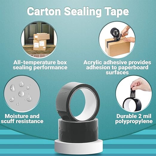 APQ 36 Rolls of Carton Black Sealing Tape 2” x 55 Yards. Thickness 2 Mil. 50 Mic Polypropylene Pressure Sensitive Tape for Packing, Shipping, Moving Boxes. Acrylic Adhesive. No Weathering, Yellowing.
