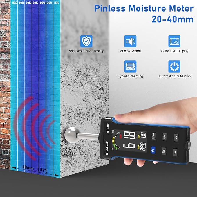 HOLDPEAK Pinless Wood Moisture Meter, Non-Destructive Moisture Meter for Wood, Concrete, Floors, Walls, Measuring Depth 20-40mm Digital Moisture Meter with Masonry-Spherical Sensor, Large LCD Display