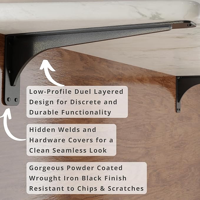 Starby Gladiator Series Solid Heavy Duty Welded 500 Lb Low Profile Granite Countertop Support Shelf Brackets Floating Shelf Discrete Slim 500 LB Capacity (2 Pack) (7" x 19" x 2.5")