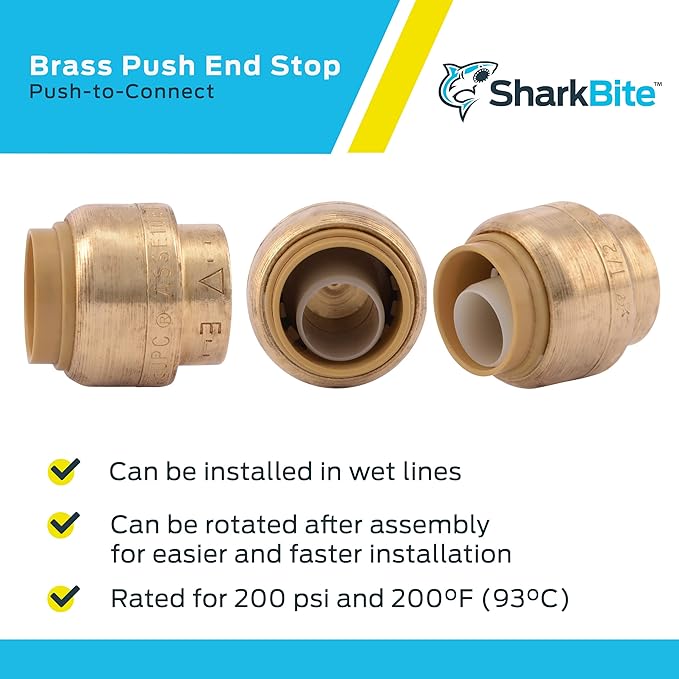 SharkBite 1/2 Inch Push Cap, Pack of 10, Push to Connect Brass Plumbing Fitting, PEX Pipe, Copper, CPVC, PE-RT, HDPE, U514LFCP