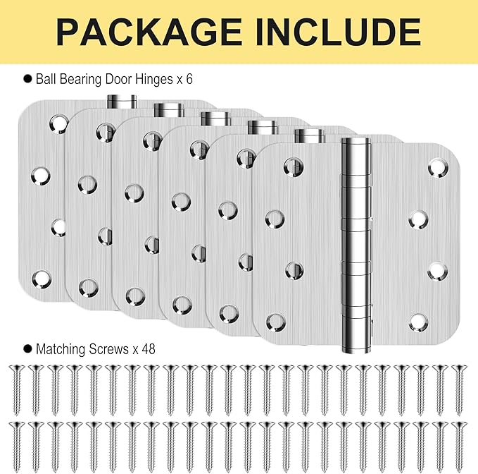 6 Pack 4" Heavy Duty Door Hinges with 5/8'' Radius Corner, 4in x 4in Stainless Steel Door Hinges for Exterior & Interior Doors, Smooth and Quiet (Silver)