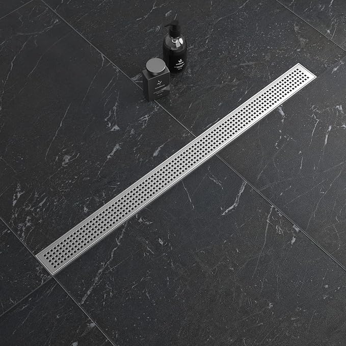 Linear Shower Drain 36", 304 Stainless Steel Floor Drain with Grid Drain Cover & Hair Strainer, Rectangular Shower Drain w/CUPC Certified, Brushed