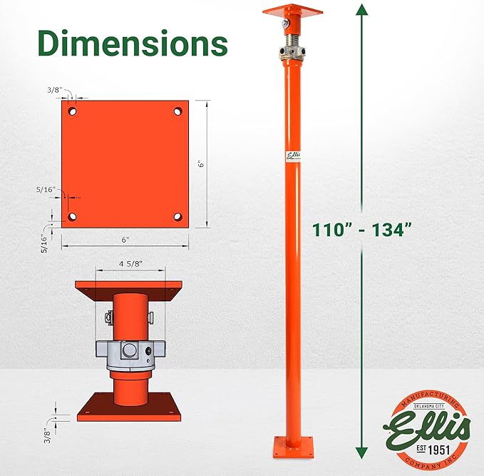 Ellis Manufacturing Light-Duty Steel Lifting Shore – Adjustable Structural Jack for Basement, Beams, Floor Support, and Foundation – 3,000 lb Safe Load apacity – 110"-134" Adjustment