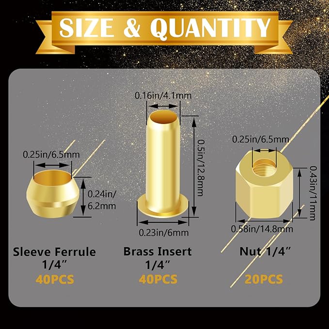 100PCS 1/4" Brass Compression Fittings Assortment kit, Insert, Sleeve Ferrule, Nut for Connecting air, Fuel, Water, Oil and inert Gases Lines