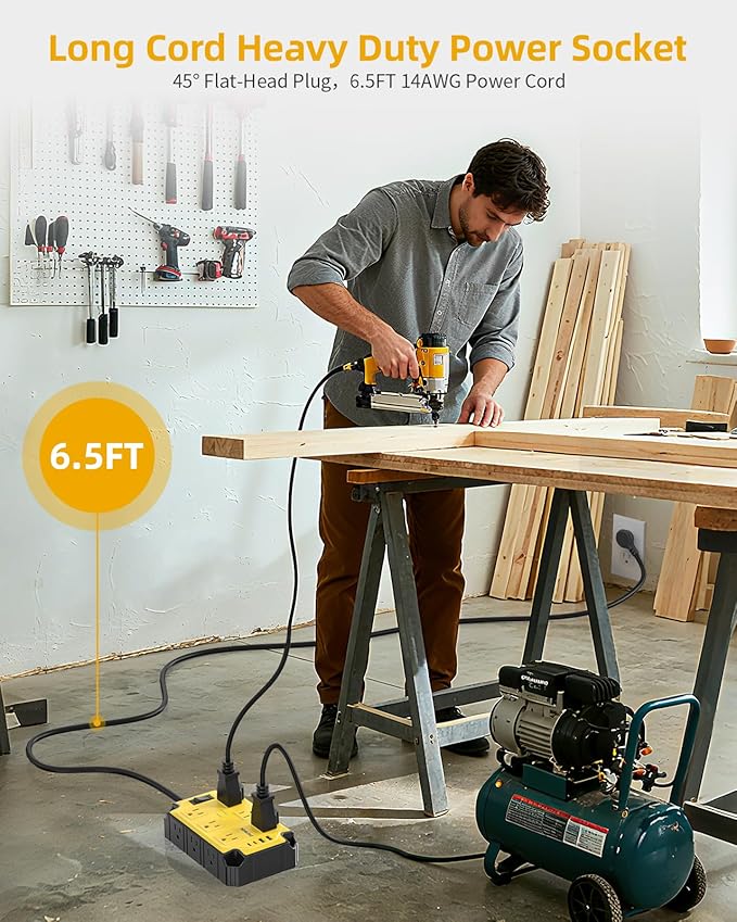 Heavy Duty Power Strip15 Amps/1200 Joules, 12 Outlets with 4 USB Ports (2 USB-C), Industrial Magnetic Surge Protector, 6.5 FT Extension Cord for Industrial Shop Garage (Yellow)