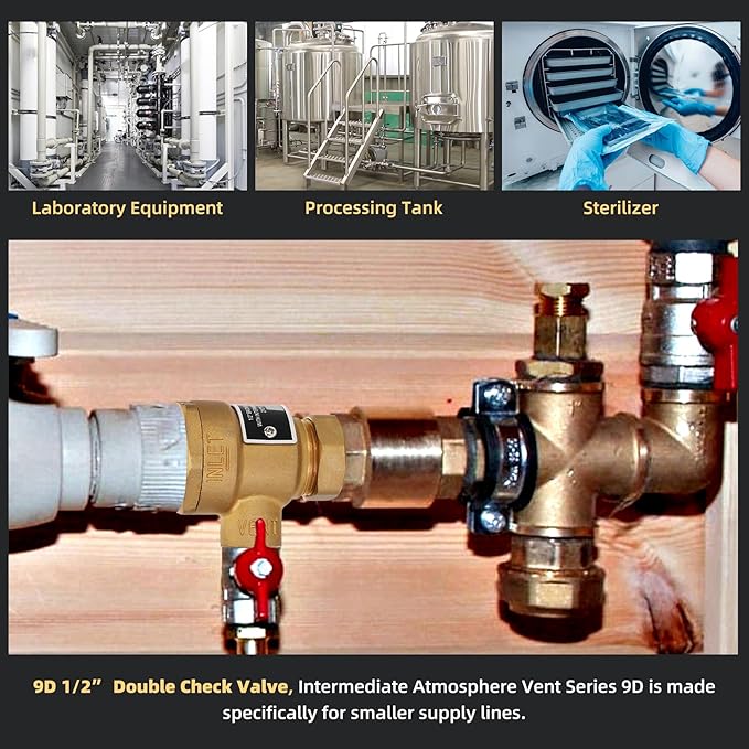 1/2 Inch 9D-M3 Backflow Preventer Brass Dual Check Valve with Intermediate Atmospheric Vent,1/2 Inch,Female Union Inlet and Outlet,190T012,Replacement for Watts