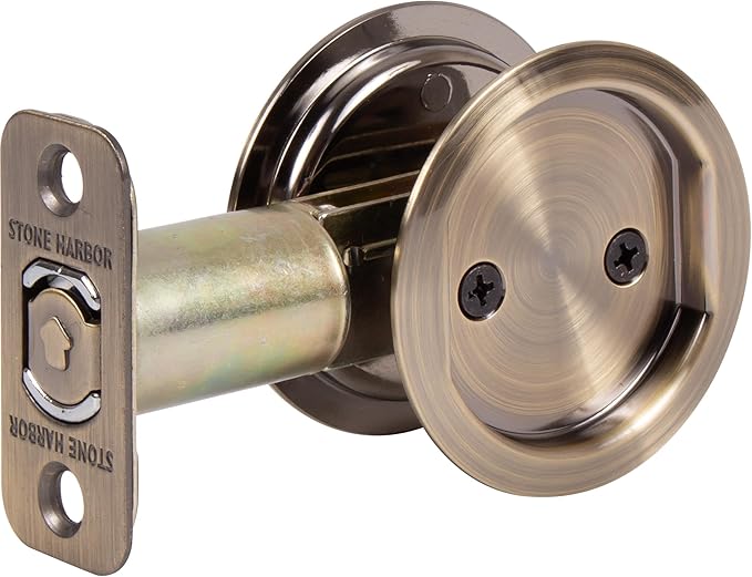 Round Pocket Door Lock, Passage (Hall/Closet) Latch, 2-3/4" Backset, RCL, Antique Brass by Stone Harbor Hardware