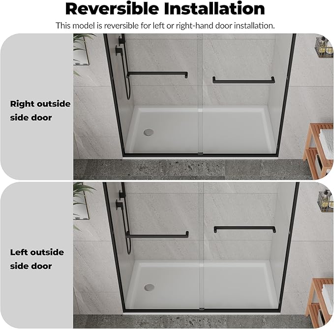 48" W x 72" H Single Sliding Shower Door - Bypass Space Saving Design with 1/4” Clear Tempered Glass & Aluminum Alloy Frame, Easy Installation & Reversible Hinges, Matte Black Finish