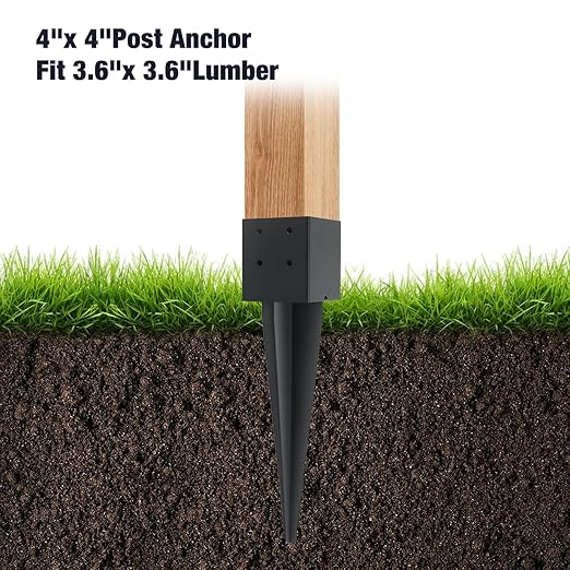 6 Pcs 4"x4" Fence Post Anchor Ground Spike 16"(Actual 3.6"x3.6") Heavy Duty Metal Fence Post Anchor with Black Powder-Coated for Deck,Fence,Porch,Railing,Mailbox