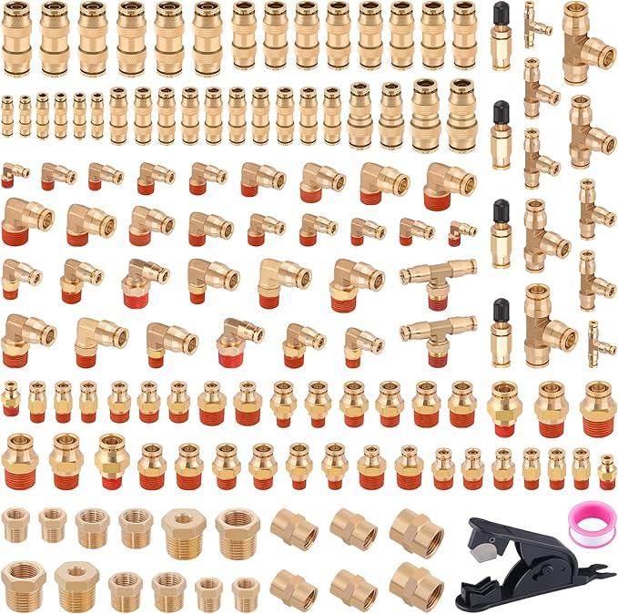 CheeMuii 136 PCS Brass DOT Air Line Fittings Kit Push Lock DOT Air Fittings Push to Connect Fittings 1/8" 1/4" 3/8" 1/2" Quick Connect Air Hose Fittings Assortment for Air Line Air Hose
