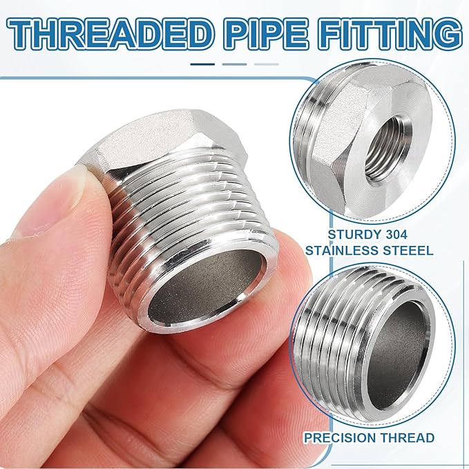 PATIKIL 304 Stainless Steel Reducer Hex Bushing 2 Pcs, 3/4" BSPT Male to 1/4" BSPT Female Pipe Reducing Adapter Fitting Connector for Water Gas Hydraulic Pipes Shower Hose, Silver