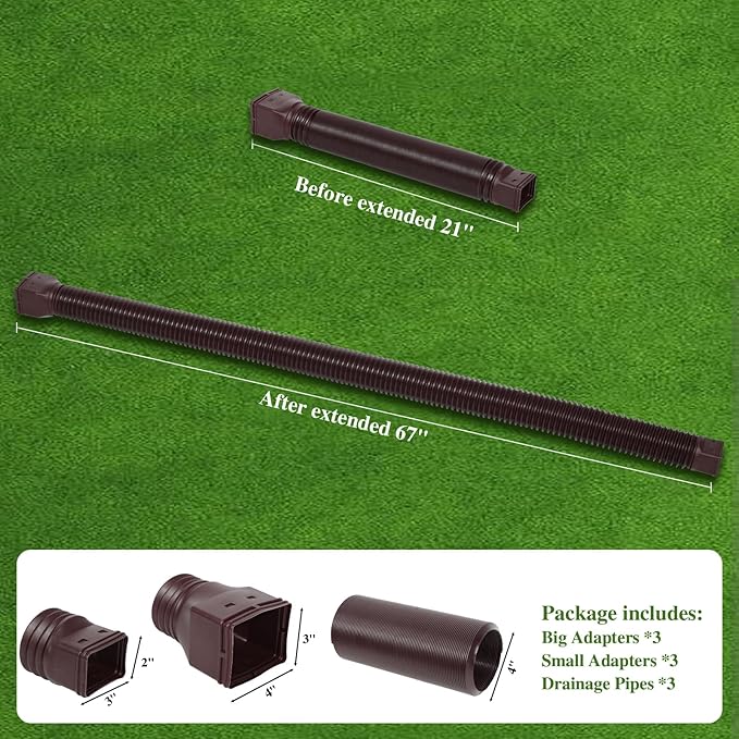 3 Pack Flexible Gutter Downspout Extensions Extendable from 21" to 67", Downspout Extender Comes with Adapters, Thickened Down spout Drain Extension for Rainwater Drainage(Brown)