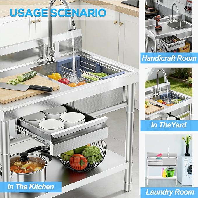 Stainless Steel Utility Sink Freestanding Single Bowl Laundry Sink with 360° Swivel Pull-Out Sprayer Faucet, Hot and Cold Water Plumbing Workbench Drawers for Laundry Room Farmhouse