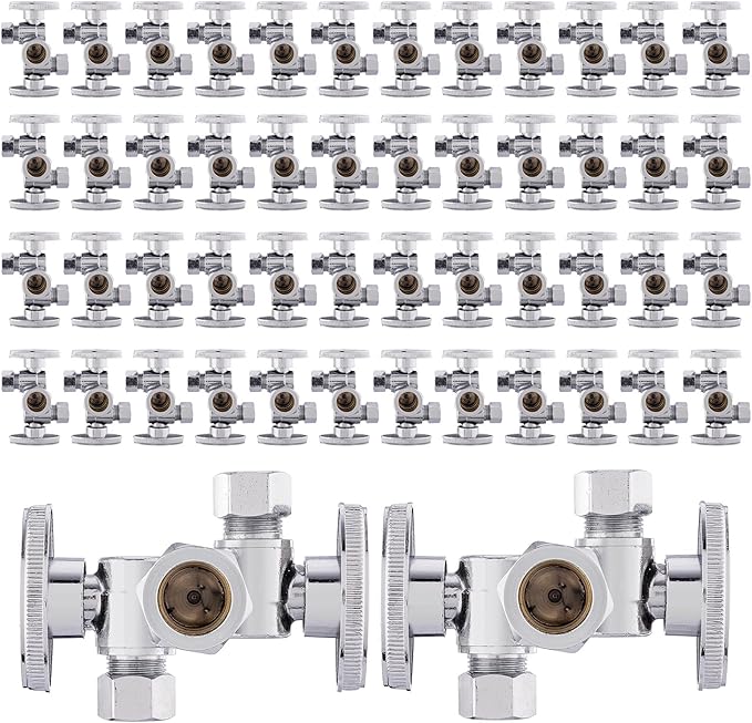 (Pack of 50) EFIELD 1/4 Turn Dual Compression Outlet Angle Stop Valve with 2 Shut Off Valves/Handles, 1/2" NOM (5/8" OD) x (3/8 inch x 3/8 inch) Chrome,(VALVE134-50PCS)