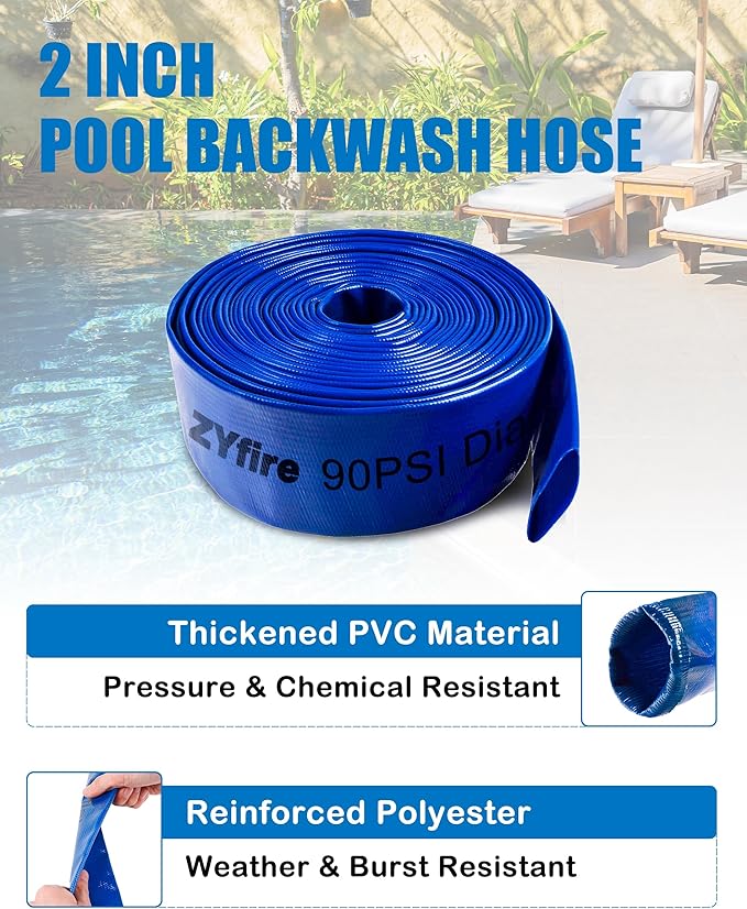 ZYfire Pool Backwash Hose with 2 Clamps - 2" x 50 FT PVC Lay Flat Discharge Hose Heavy Duty Reinforced Pool Hose Weather and Burst Resistant for Pool Drain, Sump Pump, Pool Filter