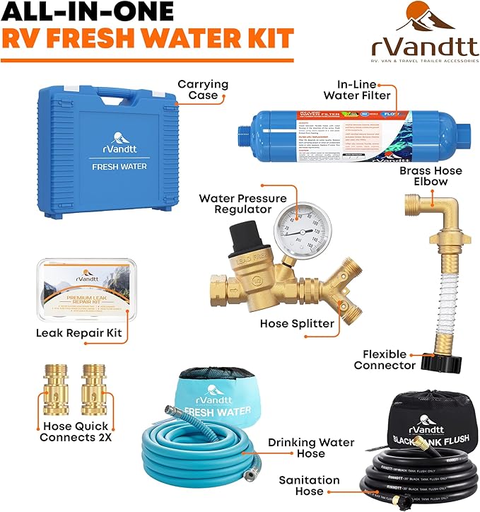 RV Fresh Water Kit w/Drinking & Santation Hose - RV Water Pressure Regulator, Filter, Hose Connectors, Leak Repair Kit, Carrying Case, 35' Drinking Water & Sanitation Hose
