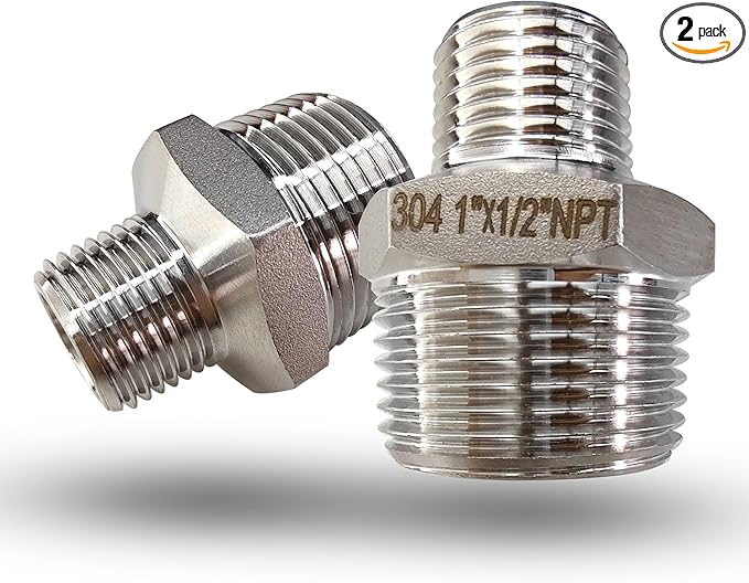 1" Male to 1/2" Male NPT Hex Reducing Nipple Fitting Adapter, 304 Stainless Steel 1 Inch to 1/2 Inch MNPT Threaded Pipe Adapter Fittings Reducing Nipples Connector for Plumbing Hydraulic Systems