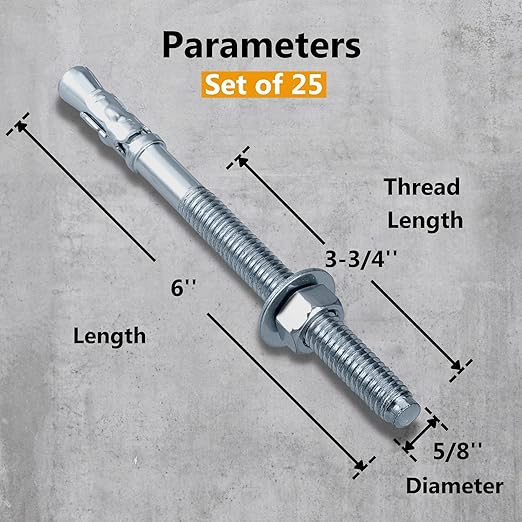 Party Animals 5/8 x 6 Inch Wedge Anchor, 25 PCs Zinc-Plated Industrial Anchor Bolts for Cement, Concrete