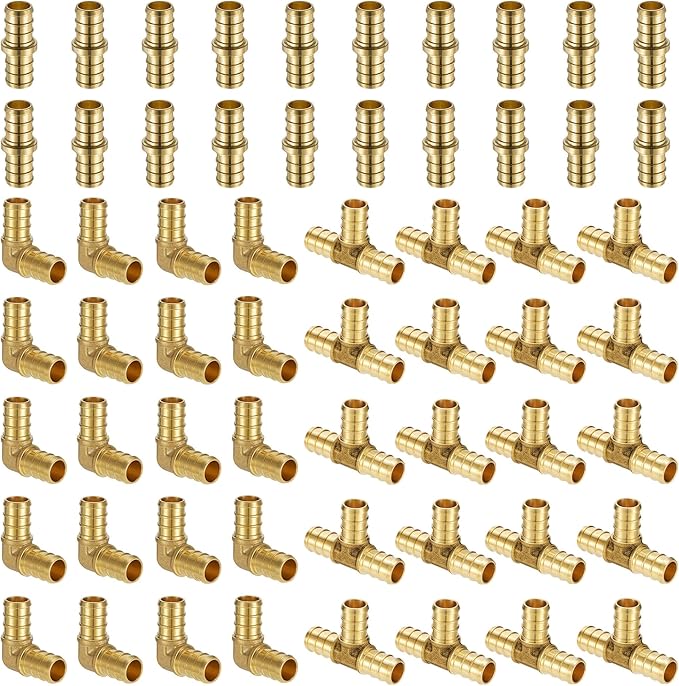 (60 Pack) Lidertik Pex Fittings 1/2 Inch Assortment Lot Kit Brass Crimp Connector Brass AP1/2-Coupling20-Tee20- Elbow20