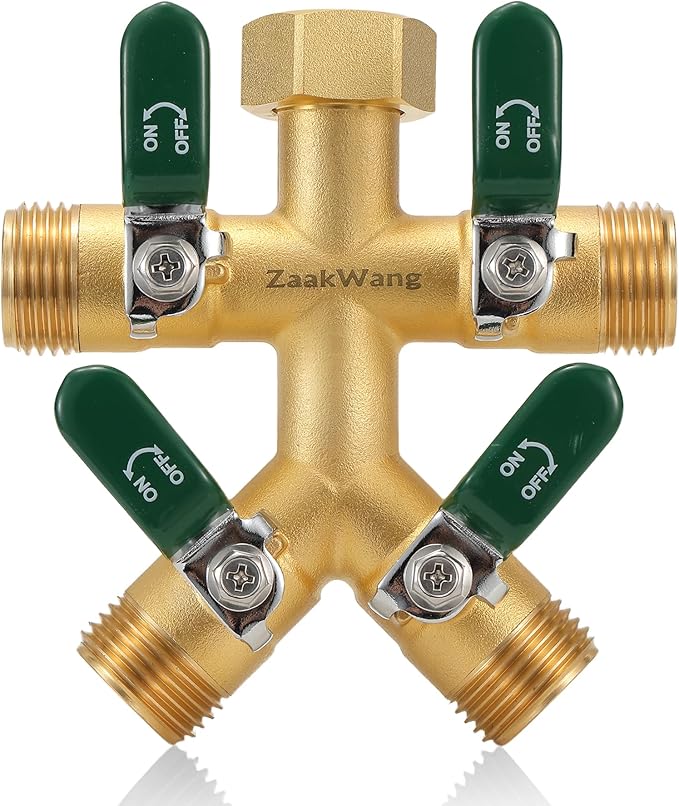 Garden Hose Splitter, 4-Way Full Flow Outdoor Faucet, Heavy Duty Brass Hose Manifold Wiht Green Long Handle, High Flow Faucet Adapter, 3/4-Inch GHT