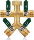 Garden Hose Splitter, 4-Way Full Flow Outdoor Faucet, Heavy Duty Brass Hose Manifold Wiht Green Long Handle, High Flow Faucet Adapter, 3/4-Inch GHT