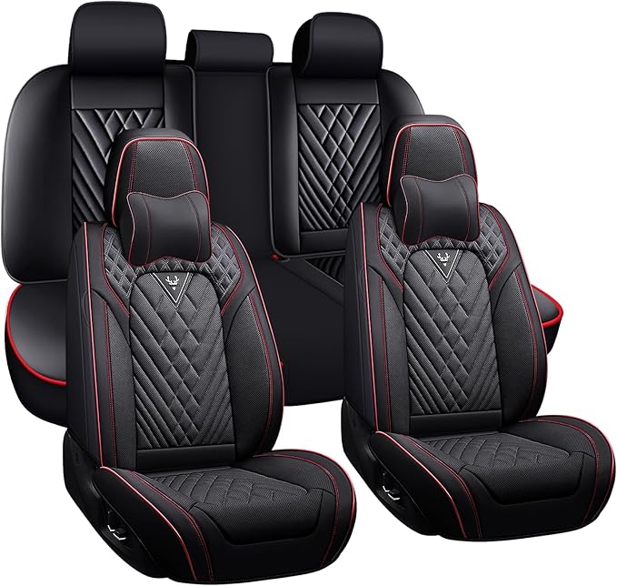 Car Seat Covers for Jaguar E-PACE 2018-2024,Breathable Nappa Leather Car Seat Protector,Full Seat Cover with Pillow Automotive Seat Cushion with Airbag Compatible(5 Seats,Black-Red)
