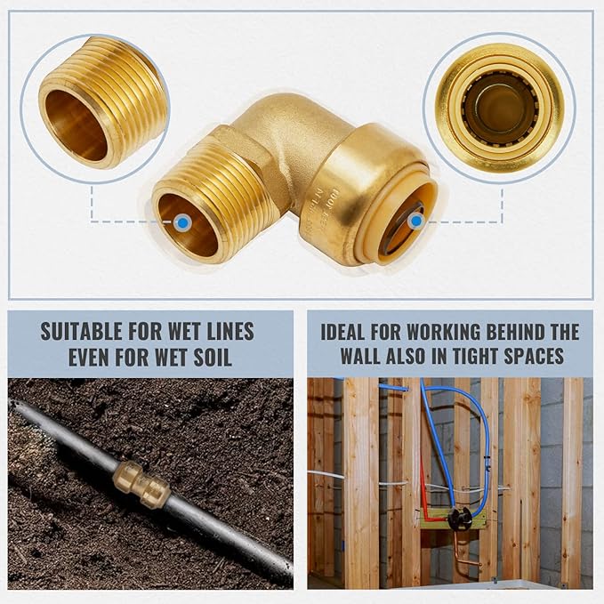 SUNGATOR 3/4 Inch Male Adapter Elbow, 3/4 Inch MNPT, No Lead Brass Push-to-Connect Plumbing Fittings for PEX Pipe, Copper, CPVC, with 1 Disconnect Clip and 1 Sealing Tape, Pack of 6