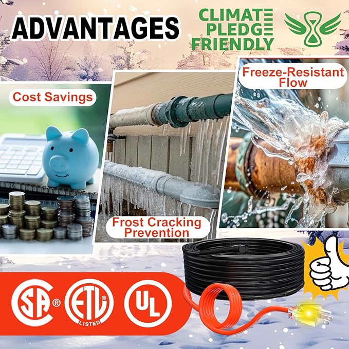 HEATIT Pipe Heating Cable - Reliable Freeze Prevention, Easy DIY Install, Durable Design for Water Pipes CSA & ETL Certified, Energy-Efficient Water Pipe Heat Cable HISD 9ft, 7w/ft, 120V
